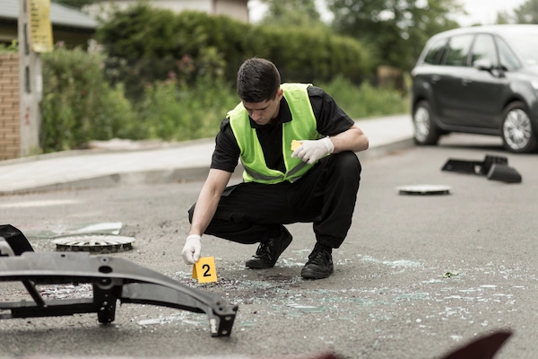 A police officer secures a crash scene for a car accident report.
