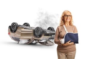 Woman with a broken arm, car crash injury concept