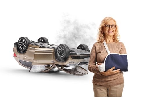 Woman with a broken arm, car crash injury concept