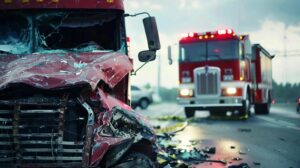 Scene of a severe truck accident with emergency vehicles, illustrating the catastrophic consequences of impaired driving