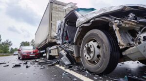 Image showing a damaged truck and car, symbolizing the impact of a truck accident and the concept of damages.