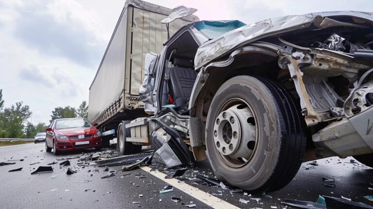 Image showing a damaged truck and car, symbolizing the impact of a truck accident and the concept of damages.