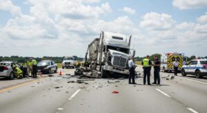 Professional photo of a serious truck accident scene with emergency responders attending, police investigating, and a commercial semi-truck with visible damage. Scene should be daytime, on a highway, showing the scale of commercial trucks. Photorealistic style, not graphic or gory. Focus on the aftermath and investigation aspect. Professional documentary photography style.
