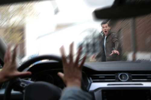 A scared man sees a car before a pedestrian accident in Georgia.