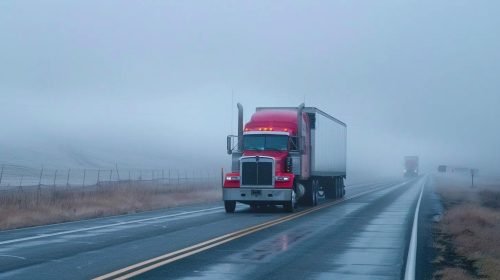 Semi-truck carefully navigating in foggy conditions