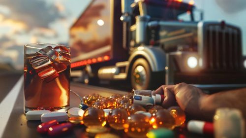 Illustrative image showing various factors contributing to impaired driving, such as alcohol, drugs, and fatigue, with a truck driver in the background