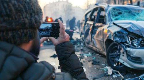 A person taking photos of a damaged vehicle at an accident scene, emphasizing immediate actions.