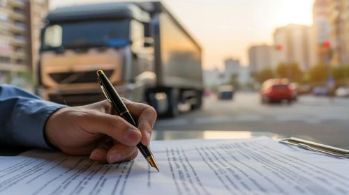 Image of a hand holding a pen over a legal document, with a truck in the background, symbolizing the pursuit of full compensation after a truck accident.