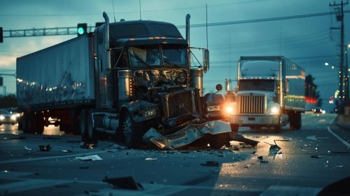 Image depicting a complex truck accident scene with legal documents