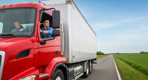 A commercial truck being driven on a road with an instructor, symbolizing behind-the-wheel training.